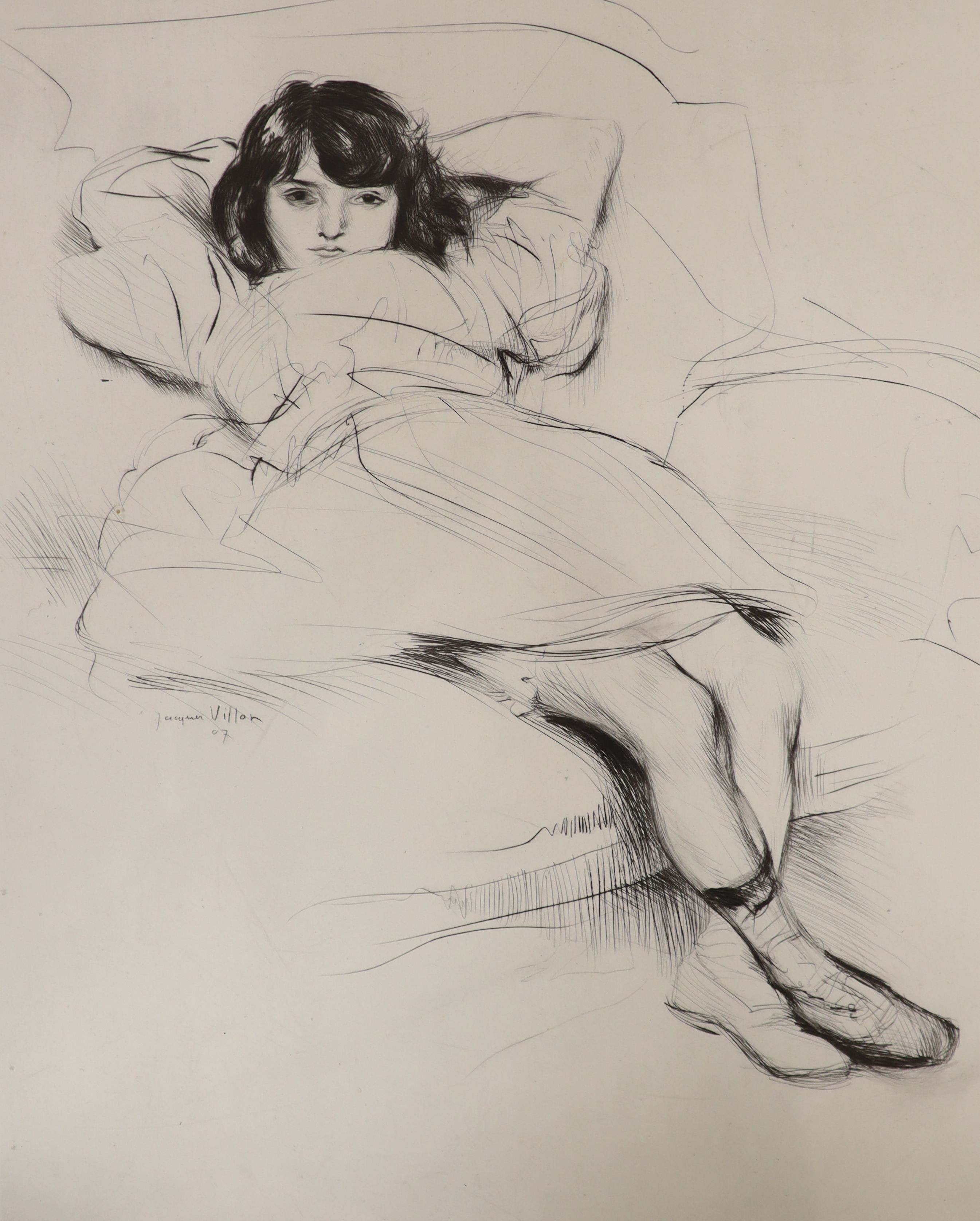 Jacques Villon (1875-1963), drypoint etching, Girl reclining on a sofa, signed, 46/50, 48 x 37cm